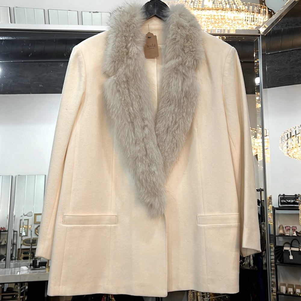 Fox fur collar off white blazer hand sewn one of a kind Sz 18